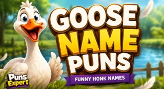 Cartoon goose with bold 3D "Goose Name Puns" text and Puns Expert logo for the goose name puns article.