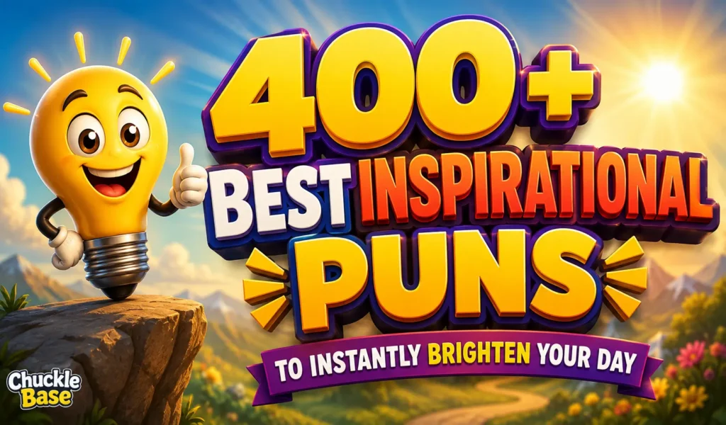 400+ inspirational puns with a cheerful cartoon lightbulb and sunny background