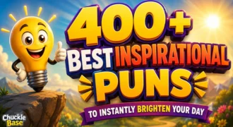 400+ inspirational puns with a cheerful cartoon lightbulb and sunny background